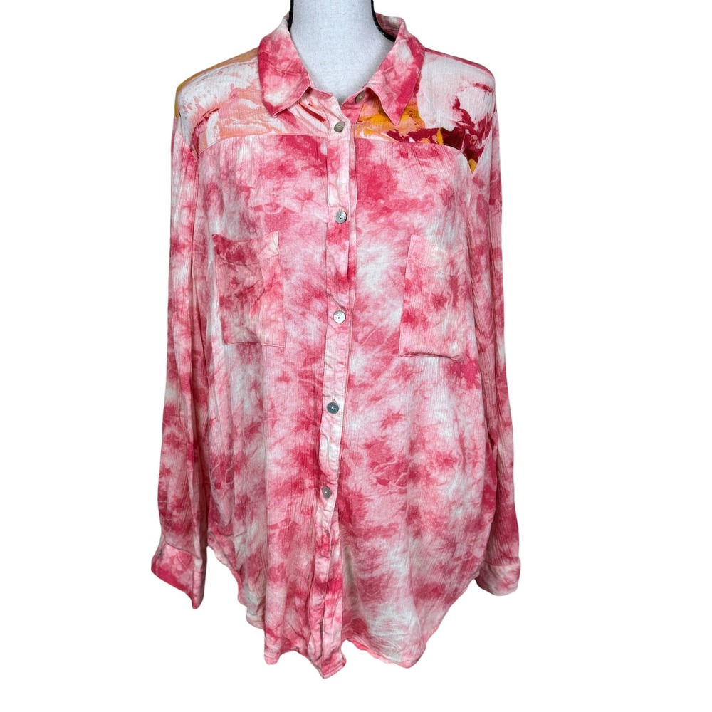 Fig and Flower Tie Dye Pink Floral Print Long Roll Tab Sleeve Button Up Shirt XL